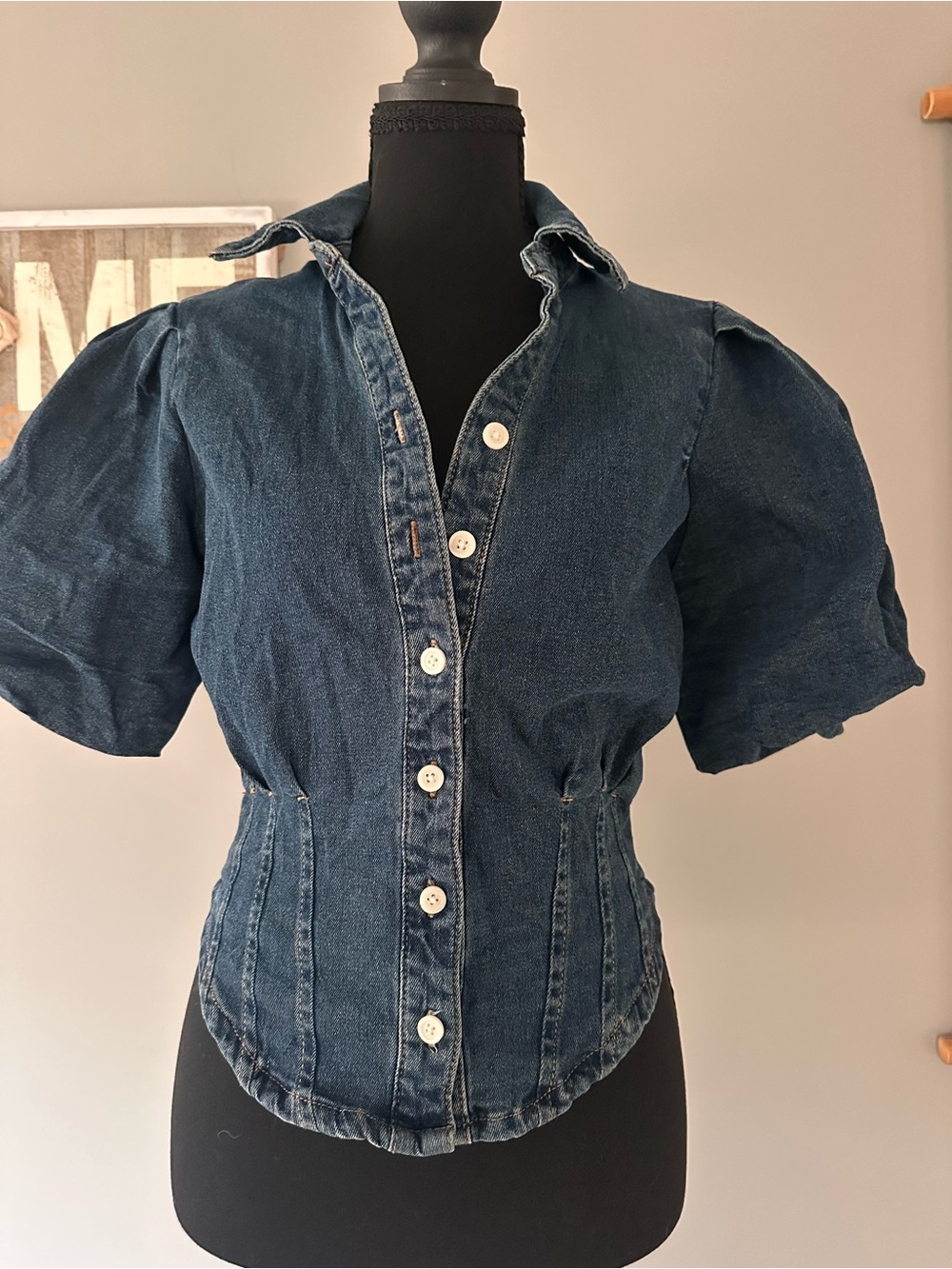 Denim Button-Front Puff Sleeve Shirt - Dark Blue